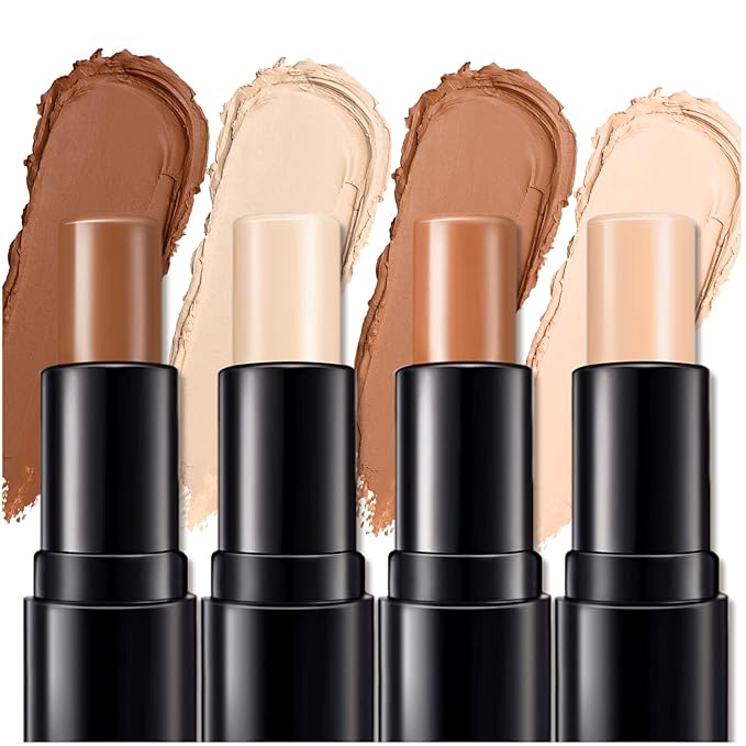 4 Colors Cream Contour, Stick Palette, Contouring Concealer, Stick Primer, Face Makeup Kit for Beginners, Cream Concealer and Highlight Stick(#1+2)