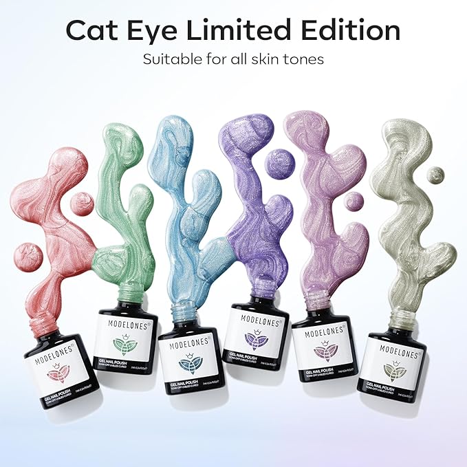 modelones Cat Eye Gel Nail Polish 6 Colors Red Green Silver Purple Blue Glitter Cat Eye Gel Polish Holographic 9D Semi-transparent With Magnet Soak Off Led Nail Art DIY Salon Gifts For Women Girl