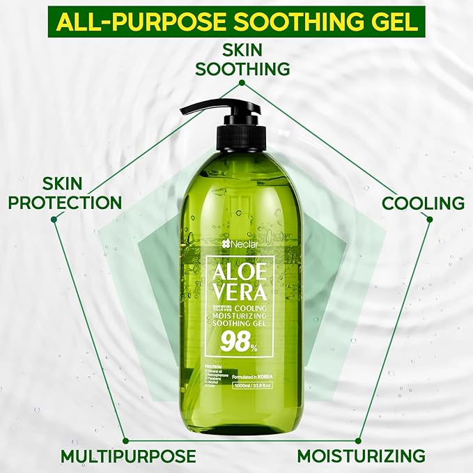98% Aloe Vera Gel for Sunburn Relief - 33.8oz / 1000ml - Pure Aloe Vera Gel for Face, Skin and Hair - After Sun Care - Sun Burn Moisturizer Cream (33.8 Fl oz)