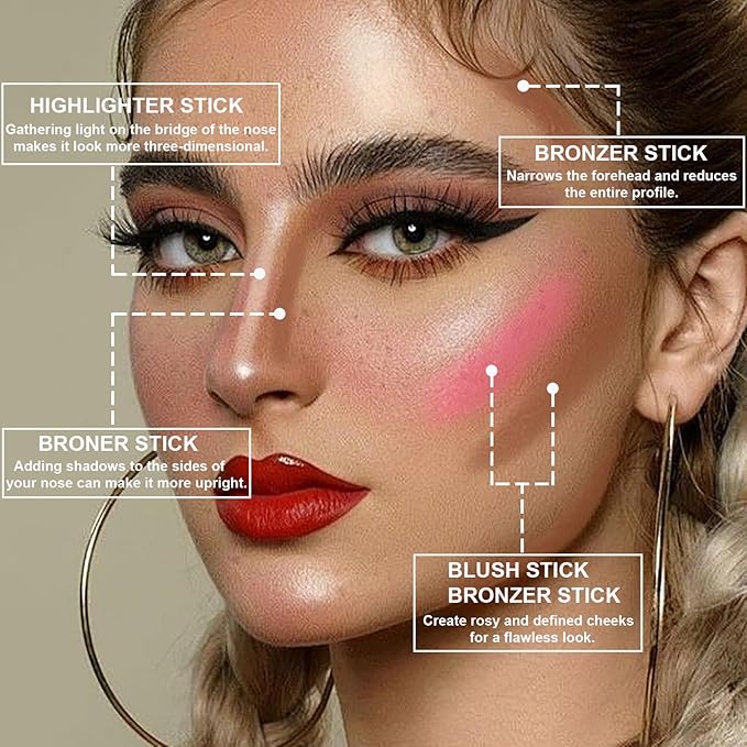 Lezero 3Pcs Contour Stick Makeup Kit, Shades with Highlighter, Blush and Bronzer Stick for Sculpt the Face and All Skin Type, Long Lasting, Smooth, Dewy & Matte Finish, LIGHT MEDIUM