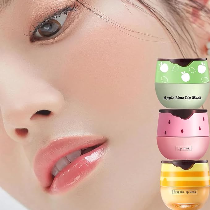 3 PCS Bee Lip Balm Lip Mask Honey Pot, Honey & Strawberry & Apple Lime Lip Mask Overnight Propolis Moisturizing Lip Balm with Stick,Hydrating Repair Lip Sleeping Mask,Prevention Dry and Cracked