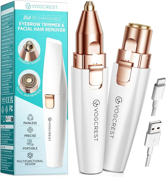 Rechargeable Eyebrow and Facial Hair Remover for Women - 2 in 1 Razor with Built-in LED Light for Painless Hair Removal