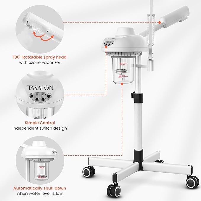 TASALON 2-in-1 Professional Facial Steamer with 5X Magnifying Lamp, Esthetician Steamer on Wheels, White, Facial Steamer, Cleansing, Hydrating, Pore Treatment