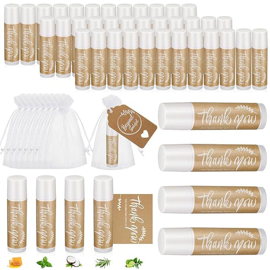 50 Set Thank You Lip Balm Bulk Small Natural Moisturizing Mini Lip Balm with Bag and Card for Baby Wedding Bridal Shower Thank You Favors