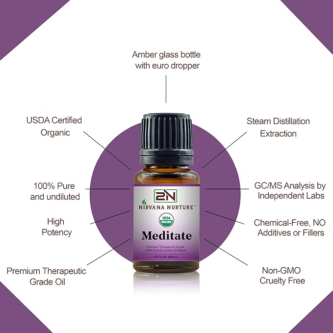 Meditate Blend USDA Certified Organic, 100% Pure and Premium, Undiluted, Meditation, Aromatherapy, Calm, Relax