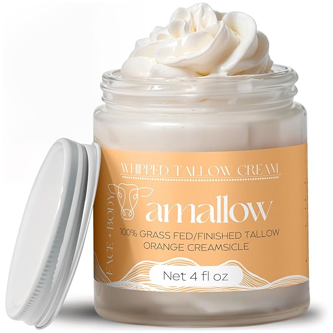 Amallow 100% Grass Fed Beef Tallow for Skin Care - Face + Body - Whipped Moisturizer - Natural Lotion, 4 FL. oz. (Orange Creamsicle)