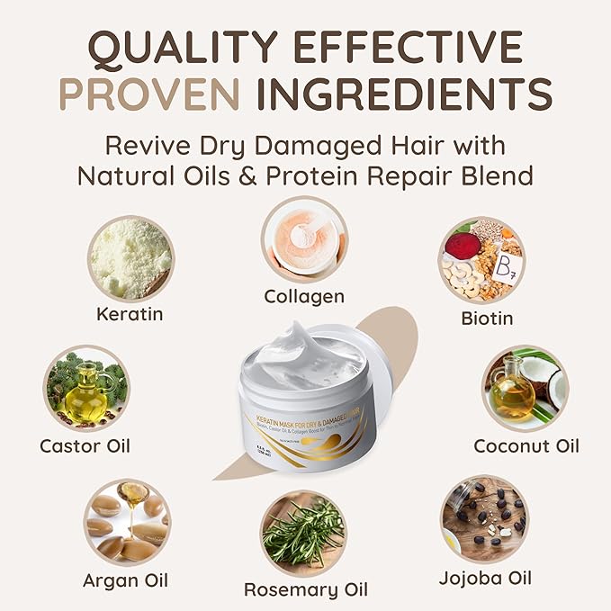 VITAMINS hair cosmetics Keratin Hair Mask - Deep Repair Conditioner with Biotin & Castor Oil - For Damaged, Dry, Curly, Straight, Thin & Fine Hair - Intense Collagen Protein Treatment