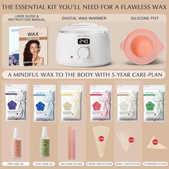 KOTAMU Waxing Kit for Women & Men, White Wax Kit for Hair Removal, Digital Waxing Pot for Thick Coarse Fine Fuzzy Hair & Sensitive Skin, Wax Warmer for Home Salon Use
