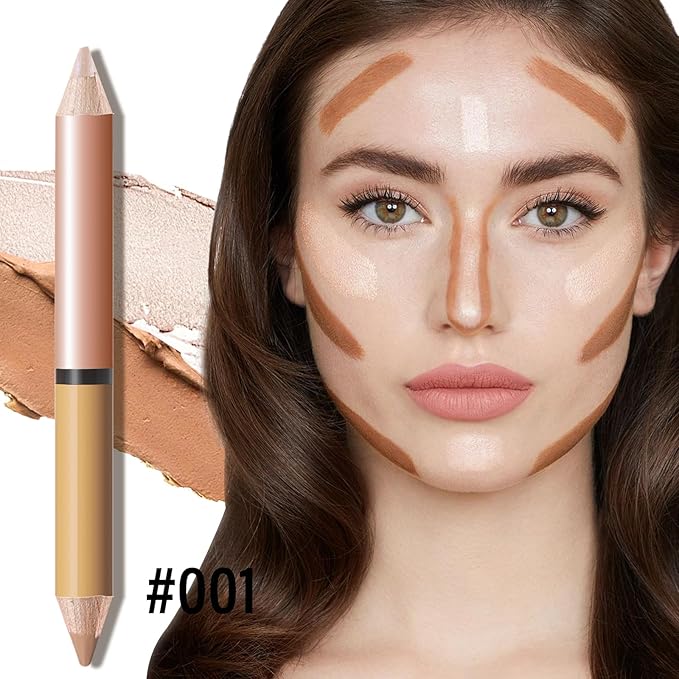 2 in 1 Cream Bronzer and Highlighter Stick,Cream Dual-Ended Highlight Contour Stick,Long Lasting & Waterproof Face Brighten Make up Pen