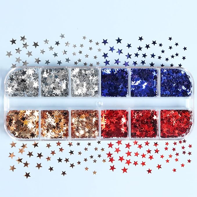 12 Grid July 4th Nail Art Glitter Sequins Independence Day Star Nail Decal Gold Glitter Flakes for Women