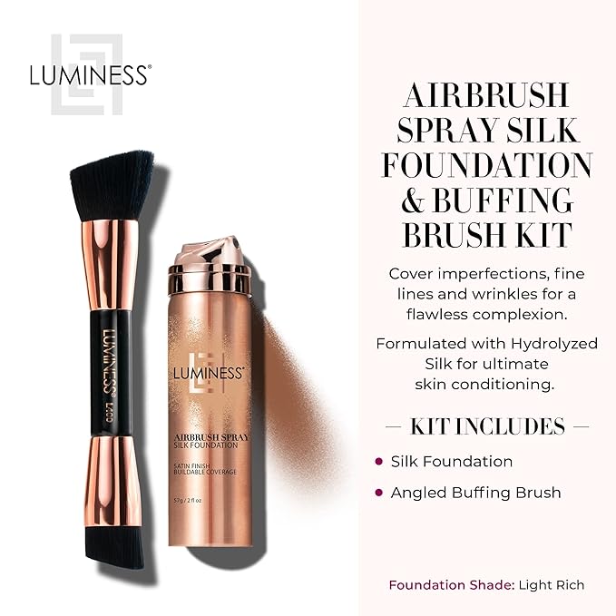 LUMINESS Silk Airbrush Spray Foundation & Buffing Brush Kit – Full Coverage Foundation & Dual-Sided Buffing Brush - Buildable Coverage, Anti-Aging Formula Hydrates & Moisturizes (Shade - Light Rich)
