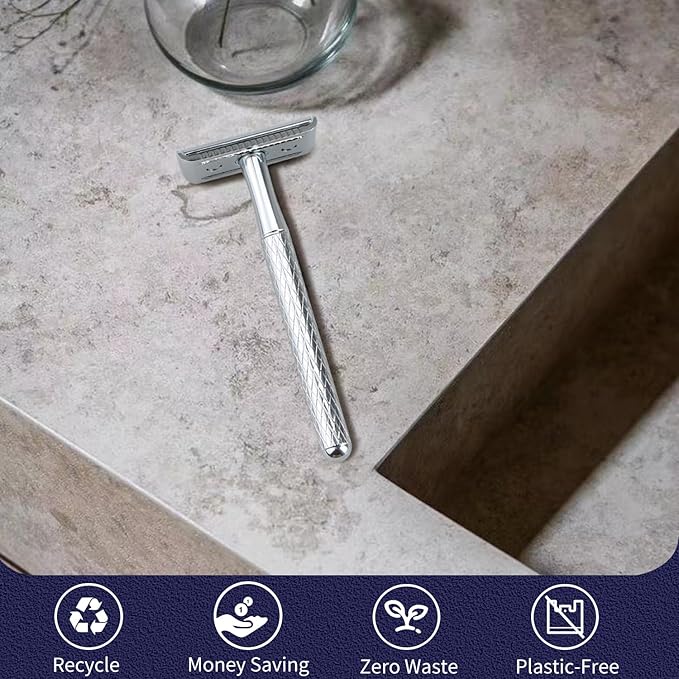 Shiny Silver Double Edge Safety Razor, Single Blade Razors for Men and Women, with 10 Stainless Steel Safety Razor Blades, Reusable, Smooth and Close Wet Shaving Kit, Plastic Free