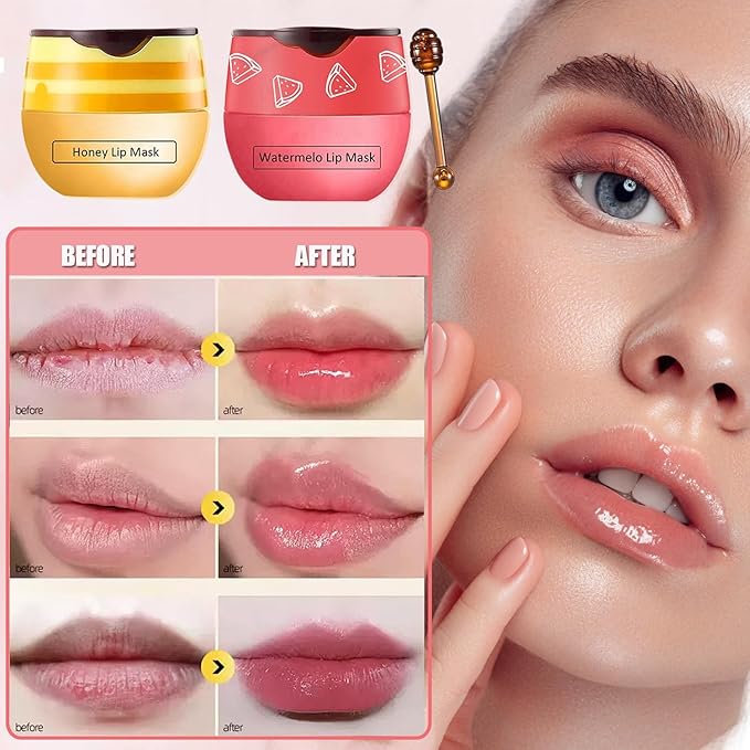 3 PCS Bee Lip Balm Honey Pot, Honey&Strawberry&Watermelon Lip Sleeping Mask Hydrating Prevention Dry and Cracked Lip Scrubs Exfoliator Lip Care, Overnight Lip Mask Reduces Lip Lines