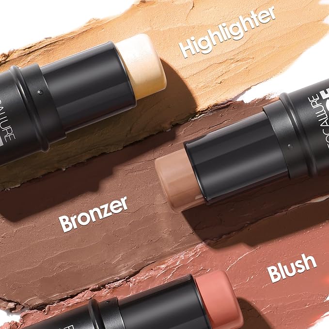 FOCALLURE 3 Pcs Cream Contour Sticks,Shades with Highlighter & Bronzer & Blush,Non-greasy Long-wear Face Contouring Pen,Easy to Sculpt the Face and Create a Lightweight Finishing Makeup,MEDIUM-WARM