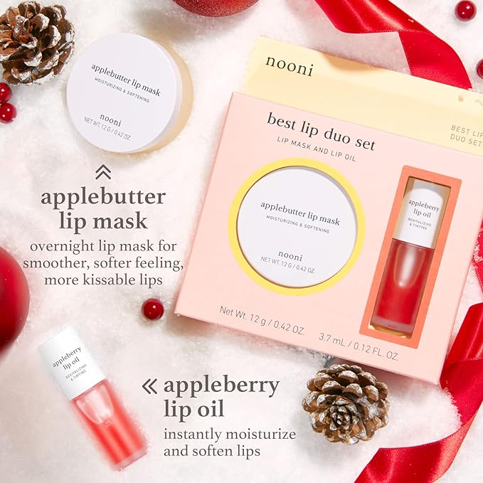 NOONI Best Lip Duo | Applebutter Lip Mask and Appleberry Lip Oil Value Set | with Shea Butter, Apple Seed Oil and Vitamins, Overnight Lip Mask, Hydrating Lip Balm, Korean Lip Butter, Moisturizing