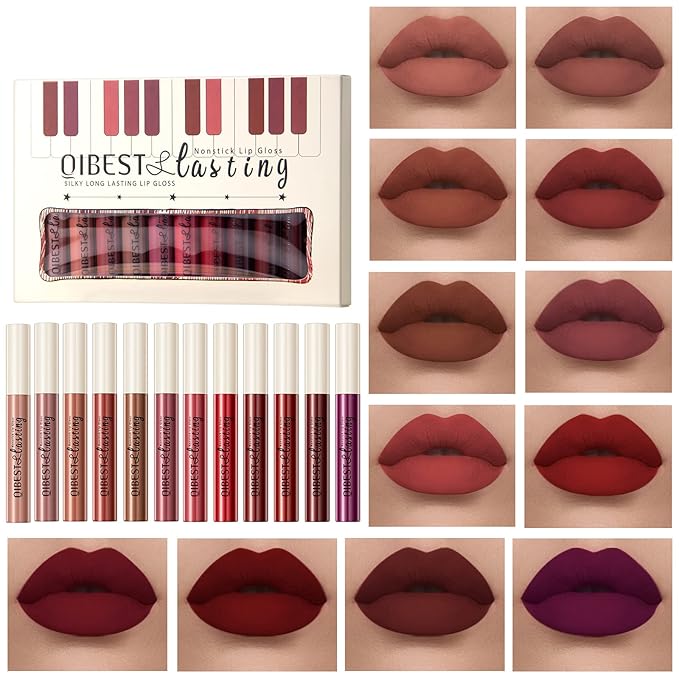 12Pcs Makeup Matte Lipstick Lip Kit, Classic Nudes & Bold Reds Lipstick Set, Non-Stick Cup Not Fade Liquid Lipstick Waterproof Long Lasting Durable Nude Lip Gloss, labiales mate 24 horas originale