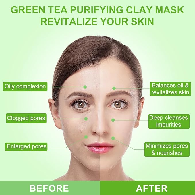 TJE Green Tea Clay Mask, Green Tea Cleanse Face Mask, Deep Pore Cleansing Mask, Moisturizing & Purifying, Remove Blackheads & Acne for All Skin Types