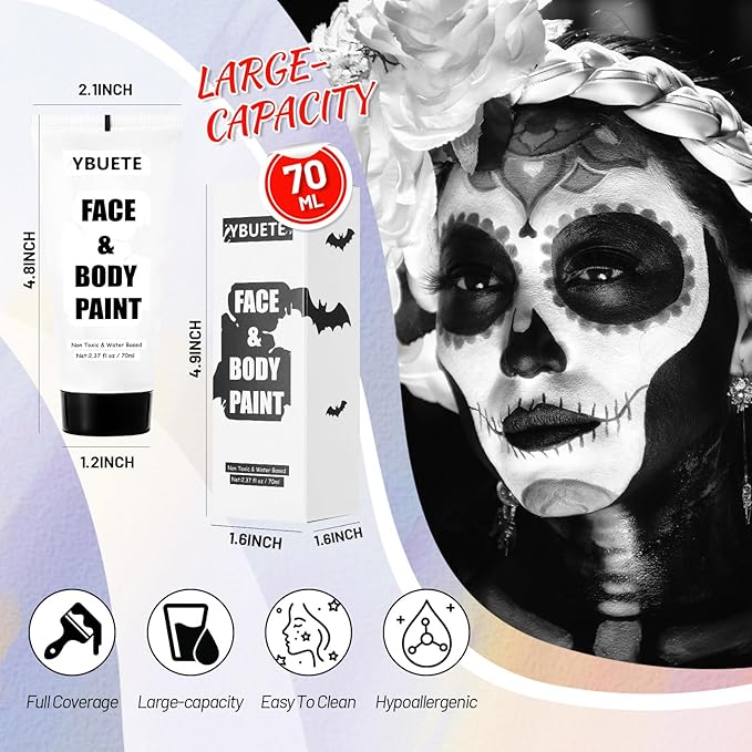 White Water Based Face Body Paint, 2.37 OZ Washable Large Tube Full Coverage Face Paint Cream for Adult Carnival Cosplay Halloween SFX Skull Joker Zombie Vampire Skeleton Goth Makeup