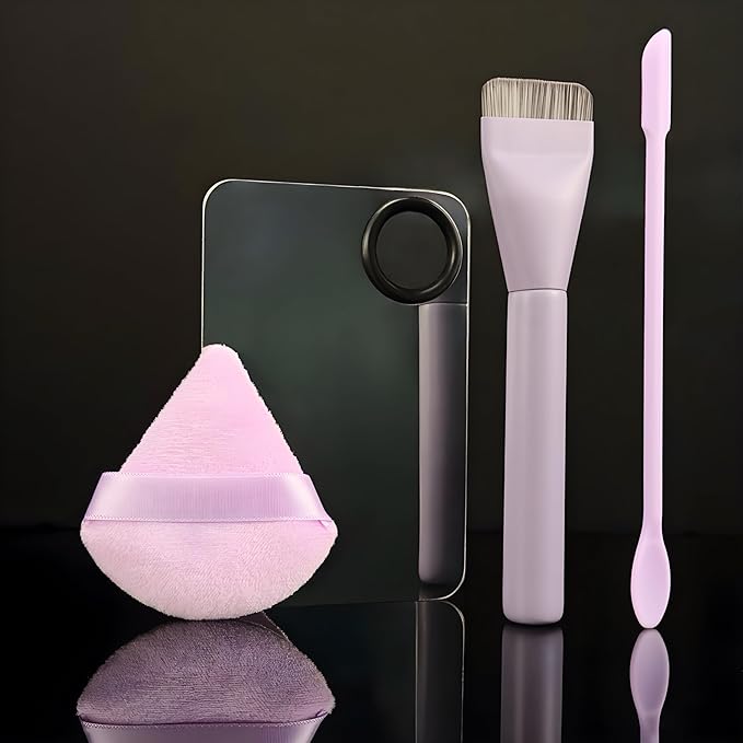 Makeup Brush Set - Flat Foundation Brush, Blender Sponge, Face Spatula, Puff & Heart-Shaped Mixing Palette with Leather Case – Complete Face Makeup Tool Kit for Blending, Foundation & Application