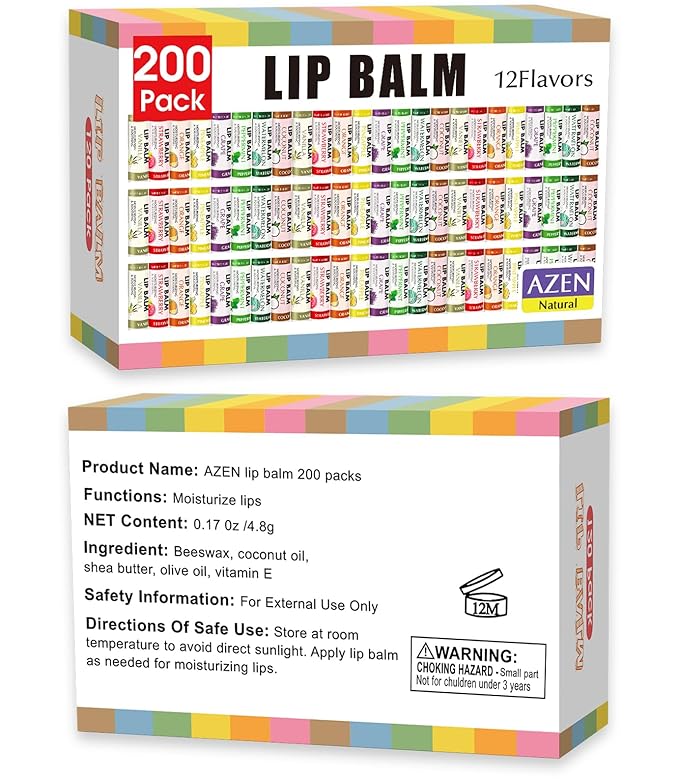 AZEN 200 Pack Lip Balm, Natural Lip Balm Bulk, Lip Care Product, Moisturizing Lip Balm for dry cracked lips - 12 Flavors