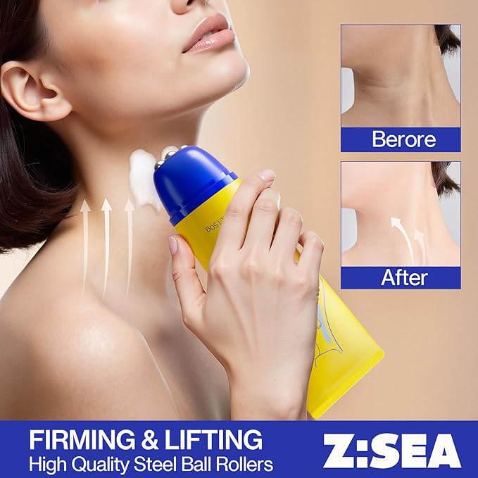 Z:SEA Neck Firming Cream with Roller - Anti-Aging Treatment, Hydrating & Tightening with Collagen, Vitamin C, Hyaluronic Acid, Reduces Wrinkles, Lifts & Firms Skin for Youthful Look, 5.29 fl oz