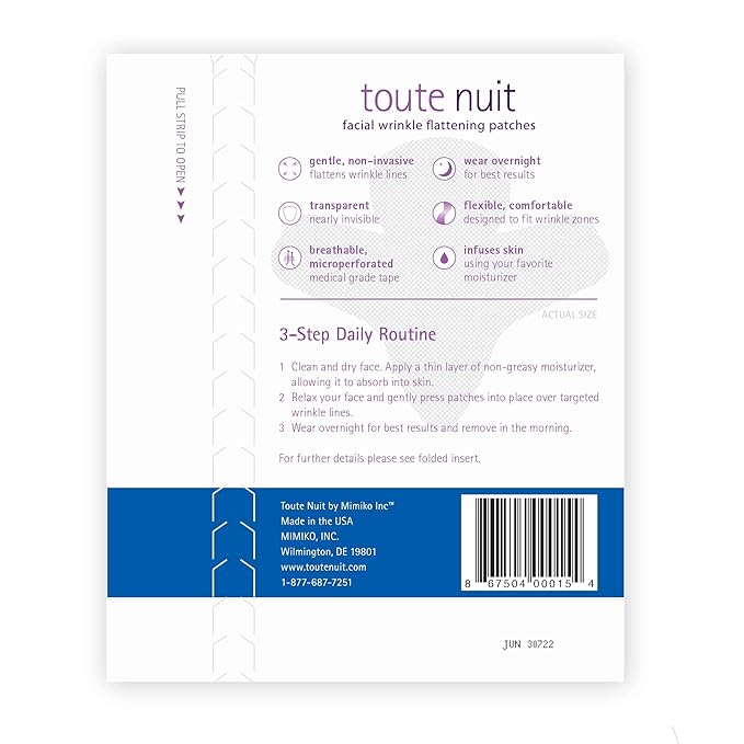Toute Nuit Wrinkle Patches – Jet – Face Tape for Forehead and Large Frown Lines – Hypoallergenic Anti Wrinkle Patches – 20 Count, Made in USA