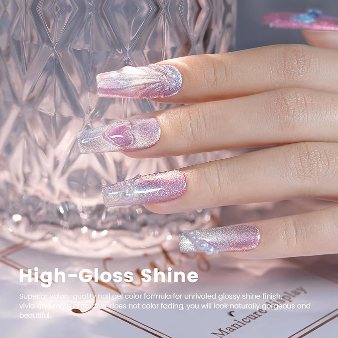 RARJSM Aurora Mermaid Cat Eye Gel Nail Polish Set 6 Colors Velvet Silver Glitter Pink Green Blue Purple Galaxy Star Shimmer Gel Polish with Magnetic Stick UV LED Curing Requires Soak Off Home Salon