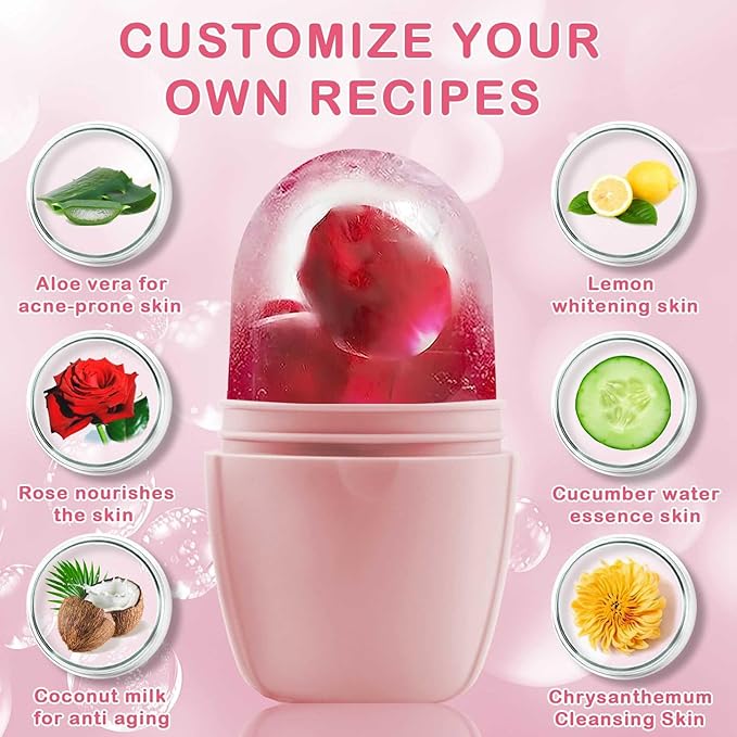 XHJRI Ice Face Roller Massager,Ice Cube Roller for Face, Eyes and Neck Naturally Conditioning and Skin Care,De-Puff Eye Bags,Reduce Migraine Pain,Reusable Massage Silicone Ice Mold (New Pink White)