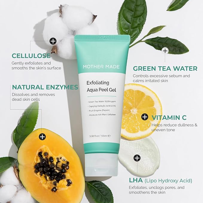 MOTHER MADE LHA Green Tea Exfoliating Aqua Peel Gel, Pore Care, Gentle Facial Exfoliator, Dead Skin Remover, Natural Cellulose for Peeling, Vegan, Korean Skincare, 2 Pack (100ml / 3.38 fl.oz)