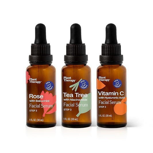 Plant Therapy Facial Serum Trio Set 1 oz each, Vitamin C & Hyaluronic Acid, Rose with Bakuchiol & Tea Tree with Niacinamide, Reduces the Appearance of Fine Lines & Wrinkles