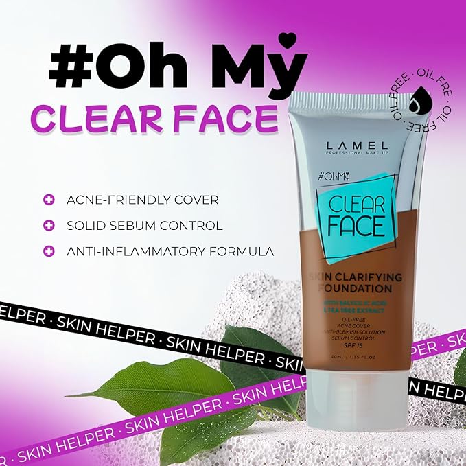 LAMEL OhMy Clear Face Full Coverage Foundation - Acne Coverage - Salicylic Acid & Tea Tree Extract - Dewy & Flawless Finish - Sensitive Skin Care - Organic & Oil-Free - 411, 1.35 fl.oz