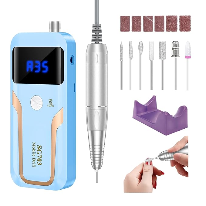Portable Nail Drill Professional, 35000 RPM Rechargeable Electric Nail File Machine E File for Acrylic Nails Gel Polishing Removing, Cordless E-file with Bits Kit for Manicure Salon Home,Blue