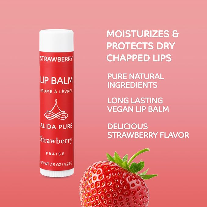 Strawberry Lip Balm Collection, Vegan Lip Balm Set, Beeswax Free, with Avocado Oil, Organic Jojoba Oil, and Vitamin E, Natural Moisturizer for Dry, Chapped Lips, 3 Tube Set