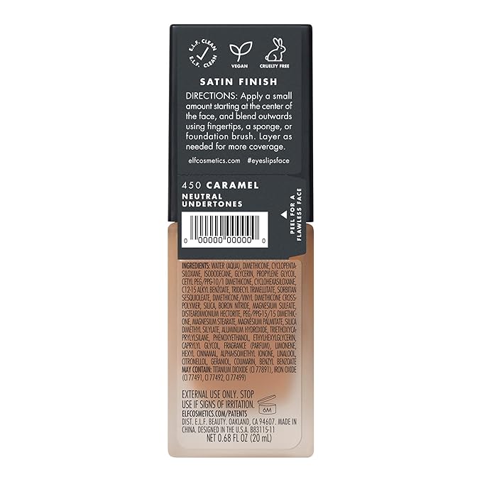 e.l.f. Flawless Finish Foundation, Lightweight & Medium Coverage, Semi-Matte Finish, Caramel, 0.68 Fl Oz (20mL)
