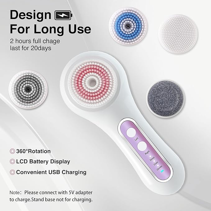 Face Scrubber Exfoliator,Facial Cleansing Brush Rechargeable IPX7 Waterproof with 5 Brush Heads,Electric Face Spin Brush for Exfoliating, Massaging and Deep Cleansing