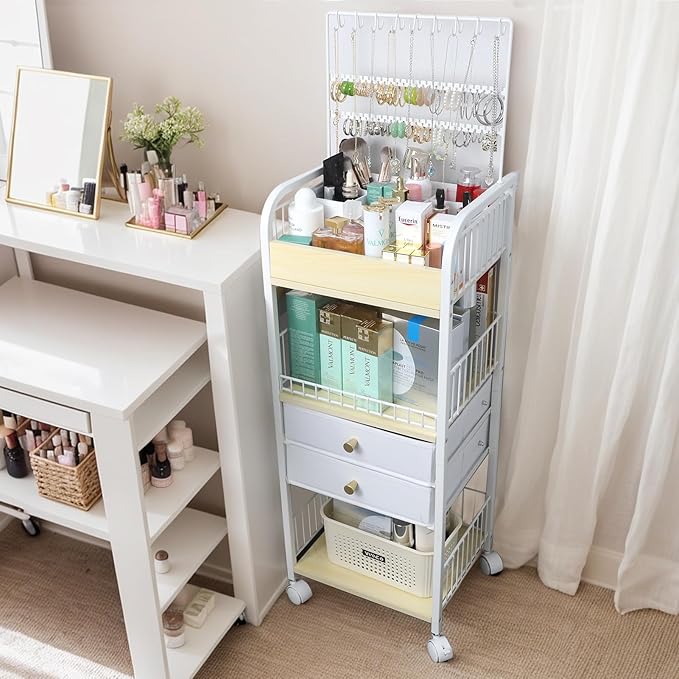 YGJT Makeup Organizer, Floor Skincare Cosmetics Organizer with Drawers, Jewelry Organizers and Storage for Earring Necklace, Vanity Organizer for Skin Care Perfume Makeup Brush Nail Polish Hair Tool