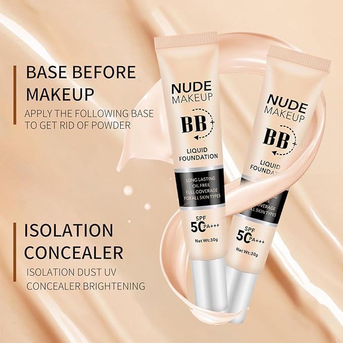 BB Cream with SPF 50, BB Cream Full Coverage, Hide Pores Blemishes, Nude Makeup Base, Even Skin Tone, Long Lasting Oil Control, Hydration BB Cream, Natural Finish for All Skin Types (Ivory)
