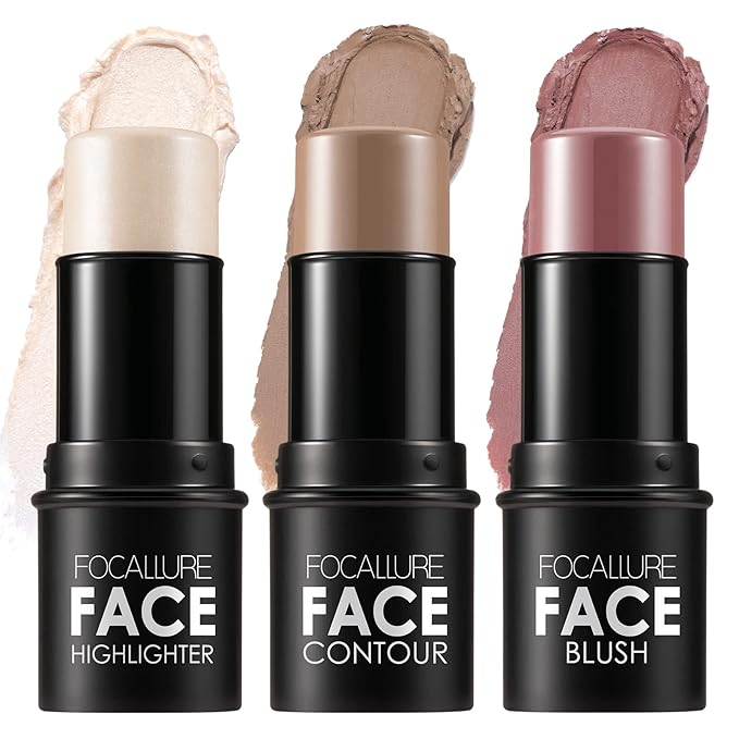 FOCALLURE 3 Pcs Cream Contour Sticks,Shades with Highlighter & Bronzer & Blush,Non-greasy Long-wear Face Contouring Pen,Easy to Sculpt the Face and Create a Lightweight Finishing Makeup,LIGHT-SKIN