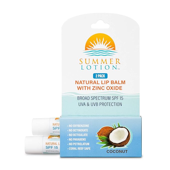 Natural Lip Balm with Zinc Oxide Sunblock by Summer Lotion, SPF 15 Lip Sunscreen 2-Pack, Water Resistant Chapstick, SPF Lip Protection for Everyone, (Coconut)