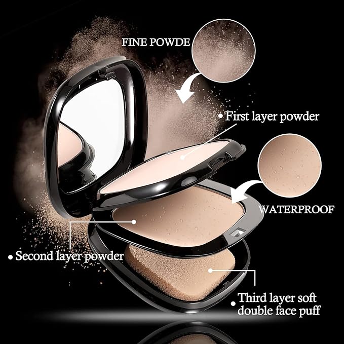 Boobeen 2 Layers Setting Pressed Powder Makeup Oil Control Setting Powder Foundation Pressed Face Powder Compact Long-Lasting Matte Finishing Powder, Light Shade Powder Flawless Lightweight