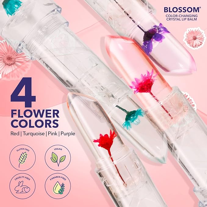 Blossom Moisturizing Custom Color Changing Crystal Lip Balm, Strawberry Scented Lip Stain Tint, Infused with Real Flowers, 3 pk, Turquoise/Pink/Purple