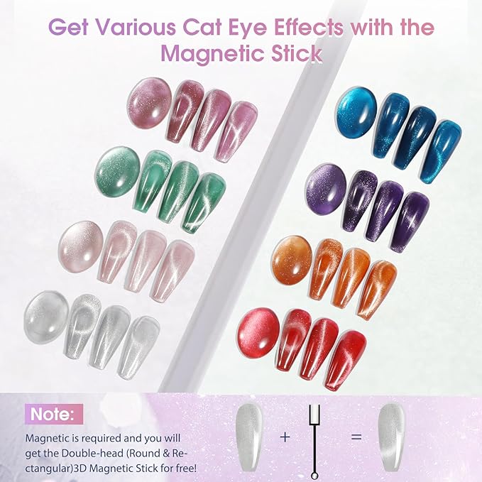 ROSALIND 8PCS Cat Eye Gel Polish with Magnet Stick - Magnetic Cat eye Gel Nail Polish Sparkle Diamond Effect Magic Magnetic Glitter Soak Off Led Nail Art DIY Salon Gifts For Women