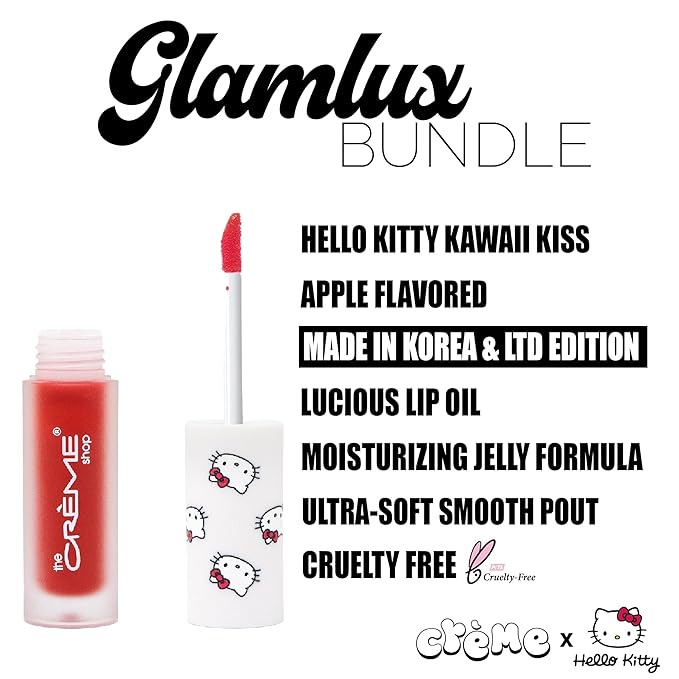 Beauty Bundle The Creme Shop X Hello Kitty Macaron Lip Balm For Cracked/Dry Lips, Hello Kitty Kawaii Kiss Lip Oil Tinted Apple & K-Beauty Tea Time Face Mask; Plumping & Youthful