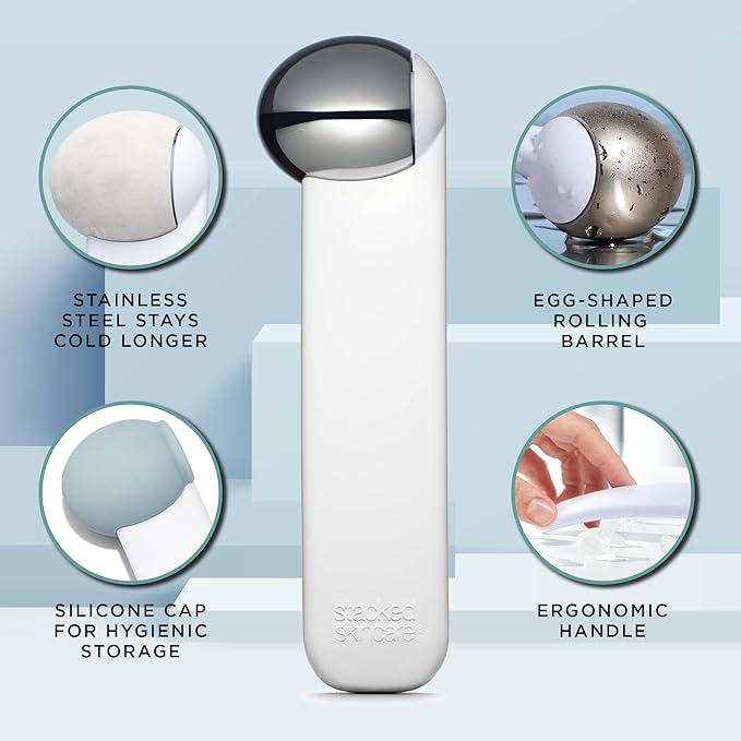StackedSkincare Ice Roller for Face and Eyes - Stainless Steel Facial Ice Roller for Puffiness, Undereye Bags, Redness, Skin Cooling, and Lymphatic Drainage Massage - Face Roller for Women and Men