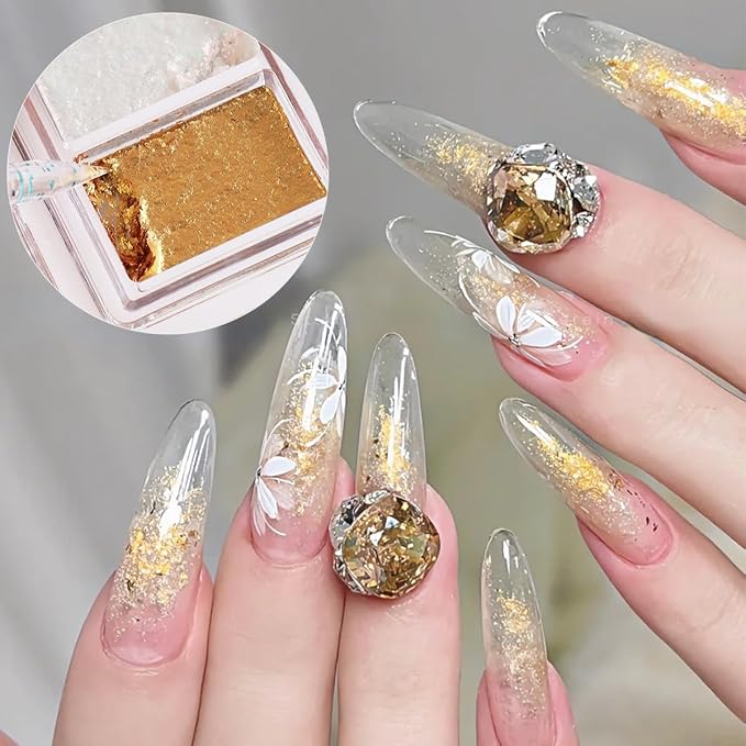 Metallic Nail Art Glitter Set, 6 Colors Gold Flakes for Nails, Mud Texture, Gold Leaf Chameleon Chrome Flakes, Golden Foils Nail Art Decoration, Professional Manicure Supplies