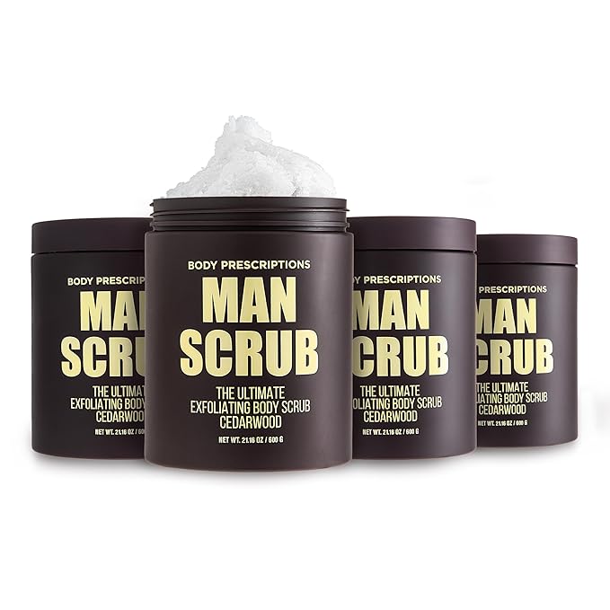 Body Prescriptions Men’s Exfoliating Body Scrub – Ultimate Skin Cleansing Wash in Jar with Twist-Top Lid, For All Skin Types, 21 Ounce (Pack of 4), Cedarwood