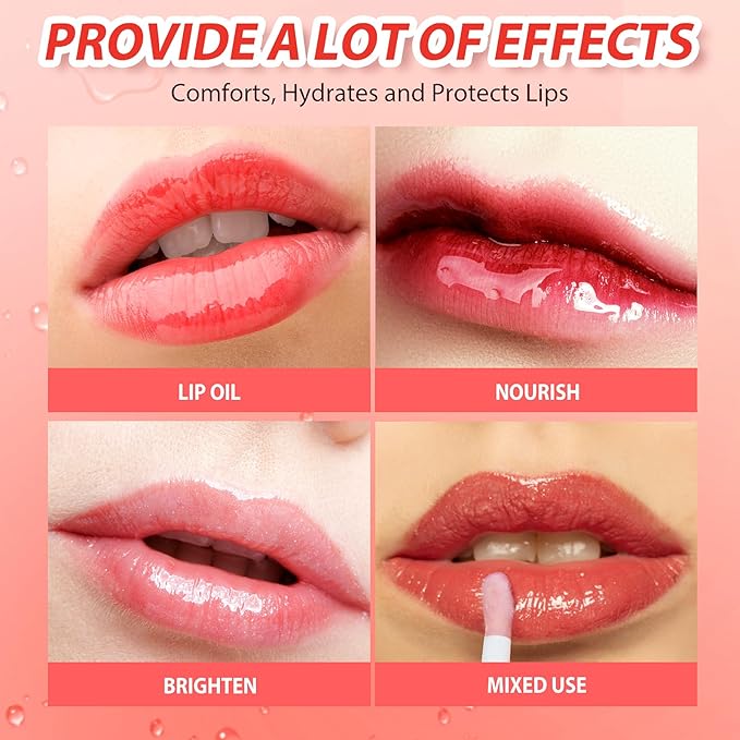 Big Brush Head Lip Glow Oil Plumping Tint, Tinted Lip Balm Transparent Lip Care, Moisturizing Non-sticky Fresh Shiny Texture Lip Oil - Strawberry (Pink)