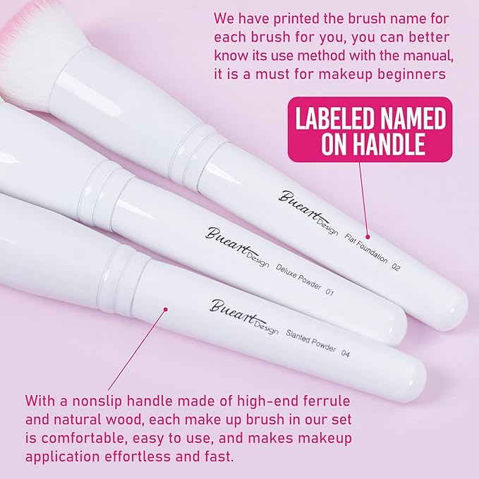 Bueart Design 16Pcs ULTRA SOFT labeled Makeup Brushes set with brush Holder face brush for Foundation Powder Blending Blush wooden Handle(16Pcs White+Pink Holder)