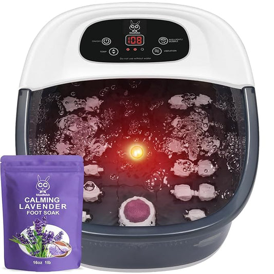 Foot Spa Bath Massager with Heat Bubbles and Vibration Massage and Jets, 16 OZ Calming Lavender Foot Soak Epsom Salt, Foot Soaker with Red Light, 22 Massage Rollers, Adjustable Temp - Grey
