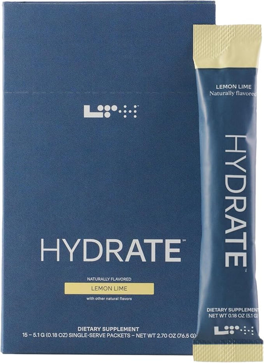LTH Hydrate Hydration Mix - Trusted by Life Time Fitness Members - NSF Certified for Sport - Electrolyte Powder - Plant-Based, Non-GMO, Gluten Free - 15 Single-Serve Packets (Lemon Lime)